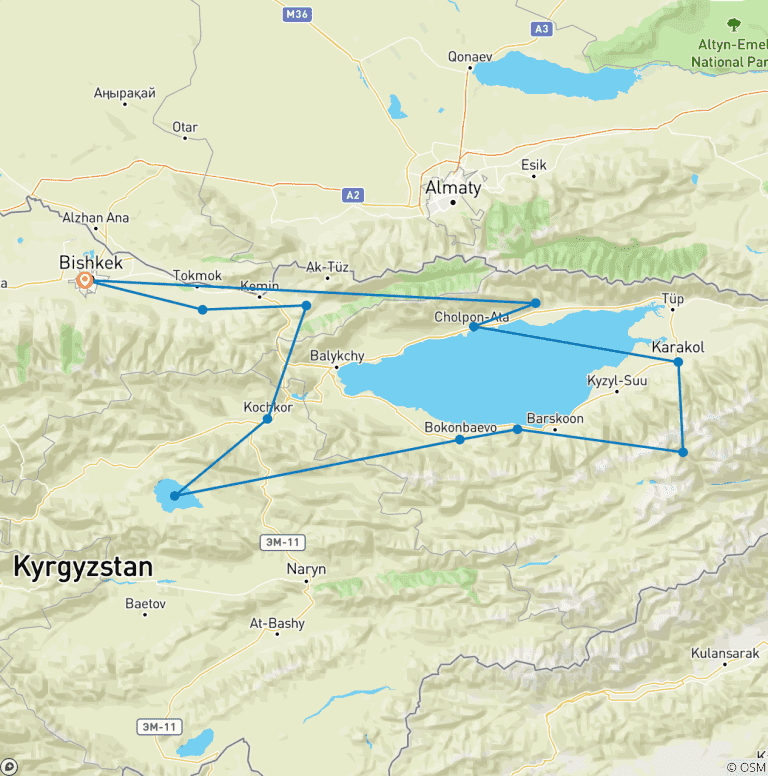 Map of Tailor-Made 10 Days Best Kyrgyzstan Tour, Private Car & Daily Depart