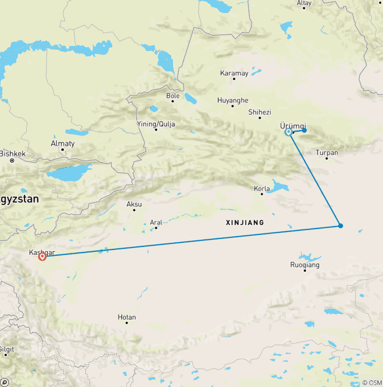 Map of Discover Xinjiang 7-Day Tour: Urumqi, Tianchi, Turpan and Kashgar