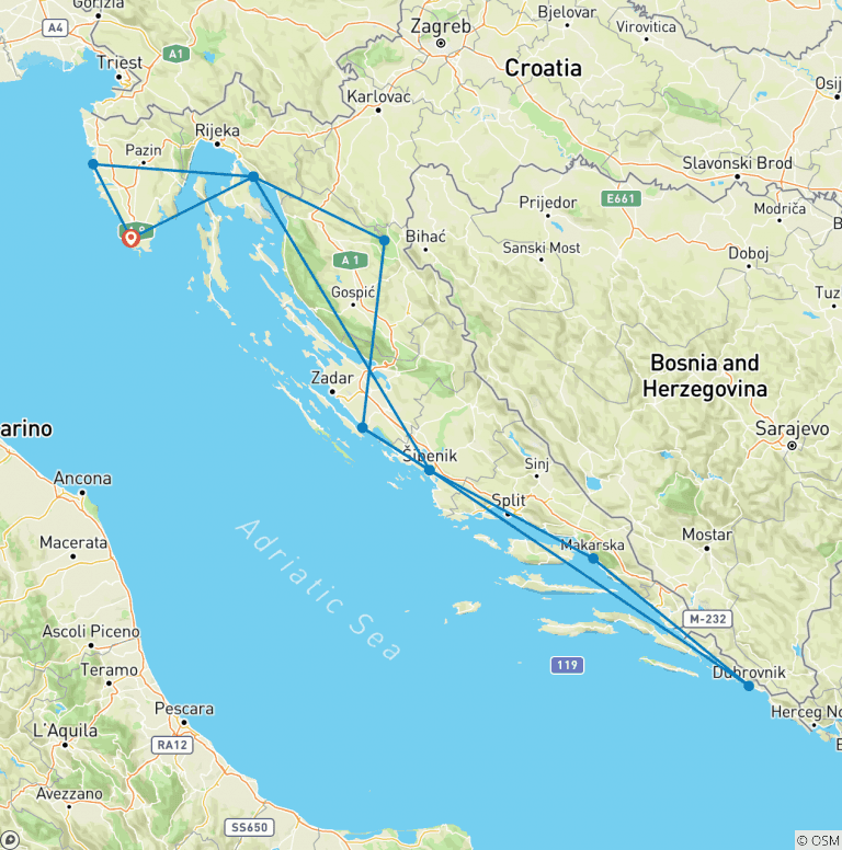 Map of Great tour of Croatia 15 Days, Self-Drive