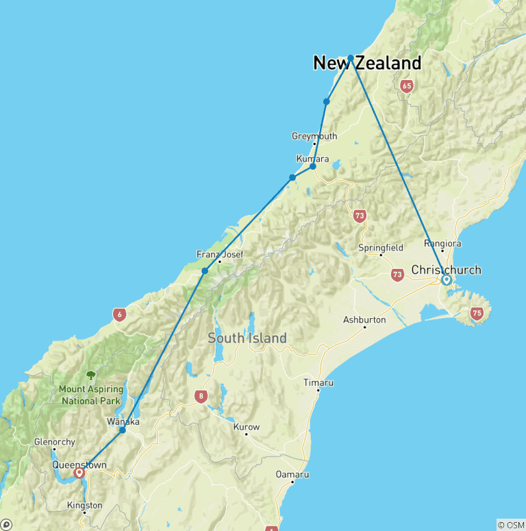Map of New Zealand West Coast Adventure (8 destinations)