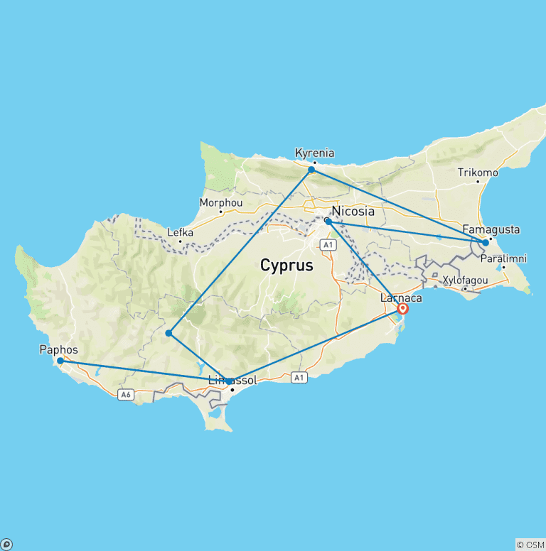 Map of 7 Days Customized Classic Cyprus Family Tour, Daily Start & Private Guide and Driver