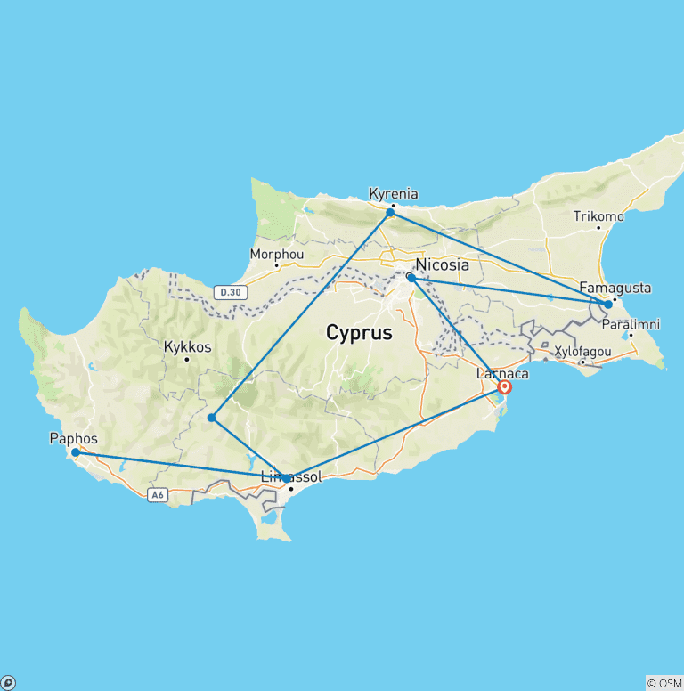 Map of 7 Days Customized Cyprus Family Tour, Daily Start & Private Guide and Driver