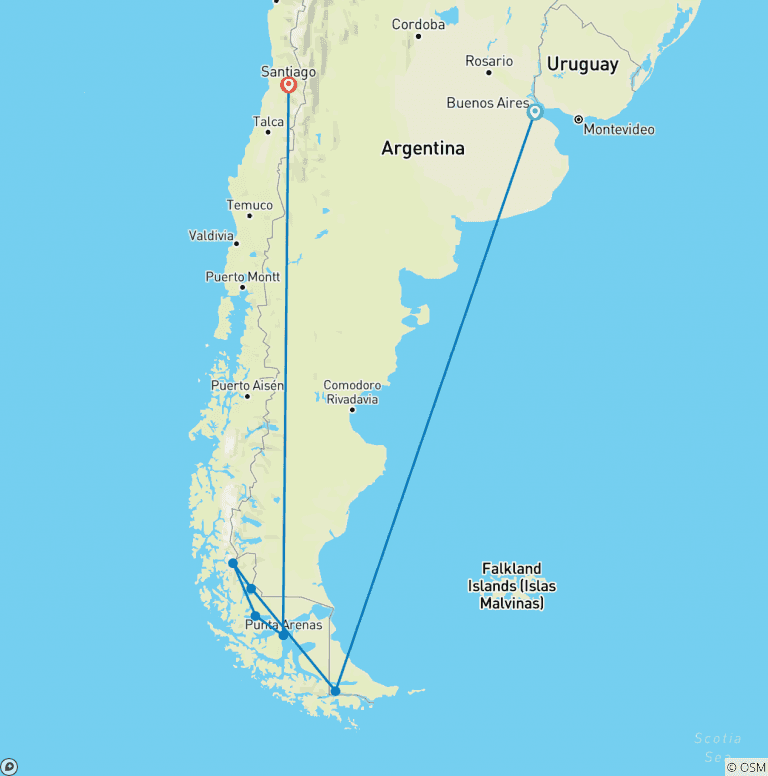Map of Essential Patagonia: Fjords & Torres del Paine, Operated by Quark