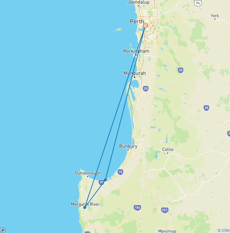 Map of 3-Day Margaret River Yoga Glamping Retreat from Perth