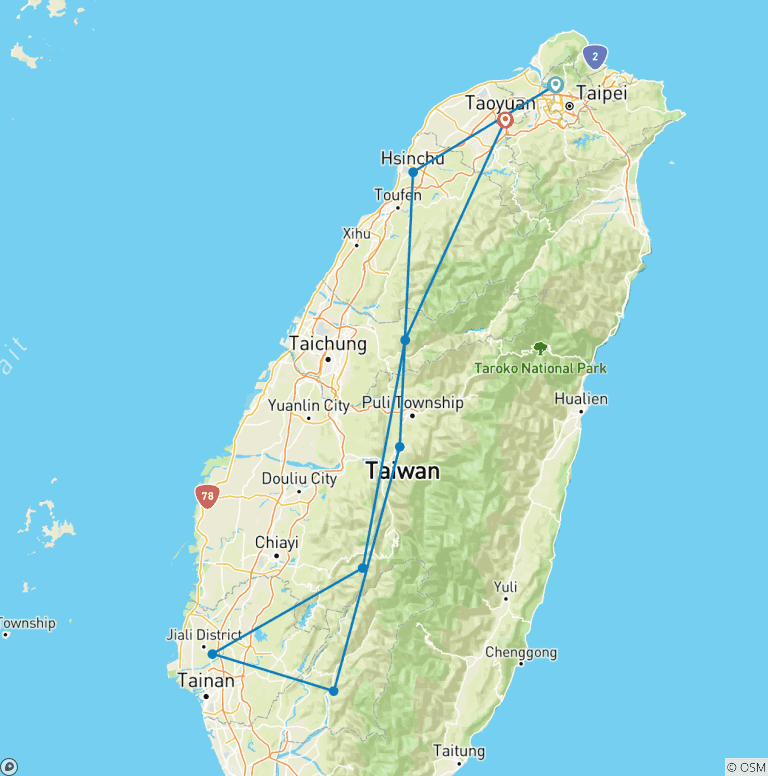 Map of Customized 10 Days Private Taiwan Tour, Daily Depart & Exclusive Guide