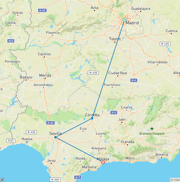 Map of Cordoba, Seville & Costa del Sol
