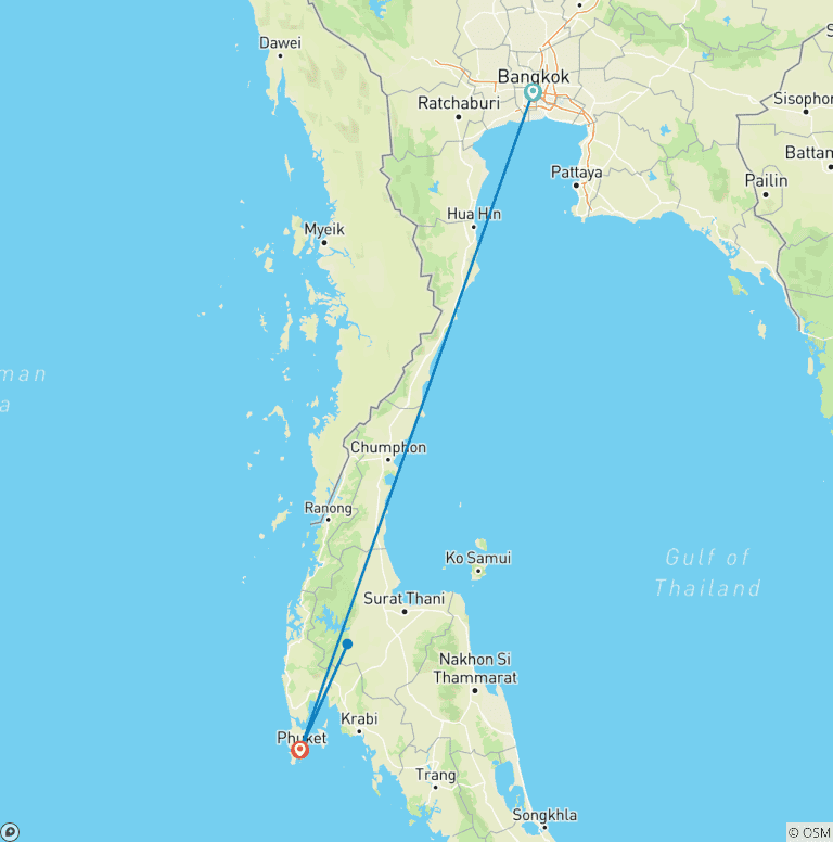 Map of Customized Luxury Tour for Couples to Bangkok and Phuket, Daily Depart