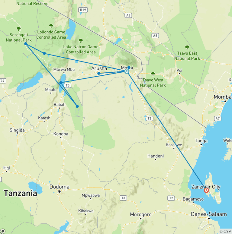 Map of Volunteering, Safari and Beach Combination - 22 Days in Tanzania and Zanzibar