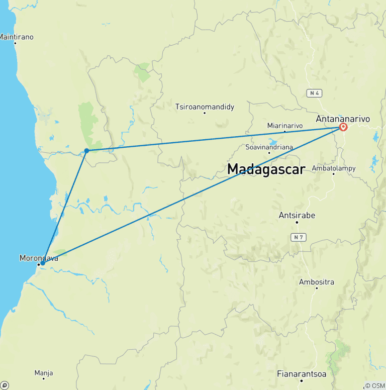 Map of 7 Days Best Madagascar Tour with Baobabs Avenue and Lemur (Private Guide & Jeep)