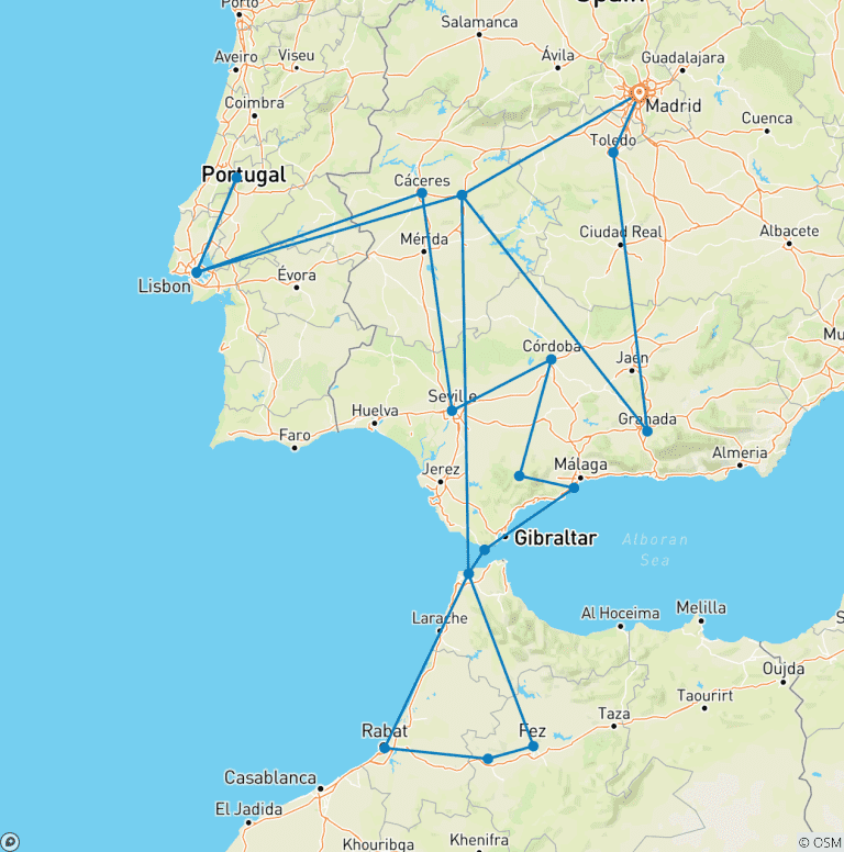 Map of Portugal , Andalucia & Morocco, 13 days