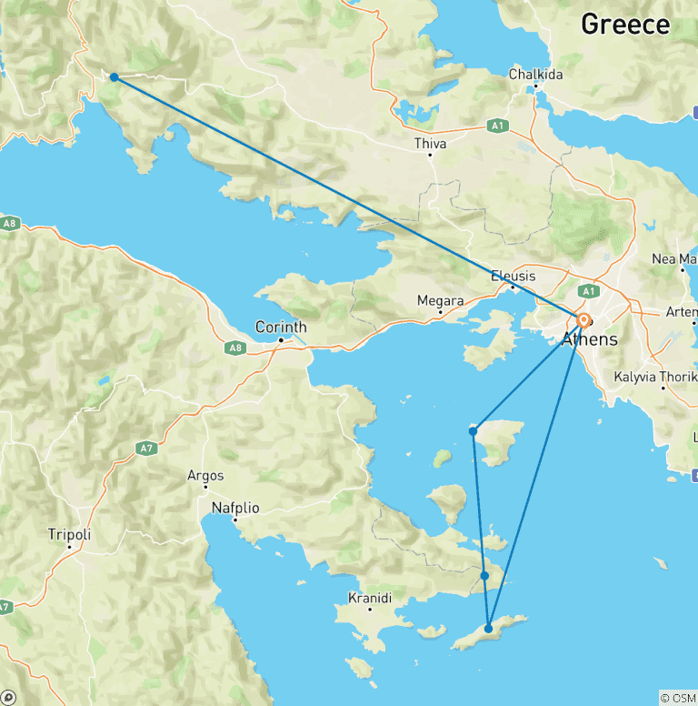 Map of Athens, Delphi & Greek Islands By Cruise - 5 Days