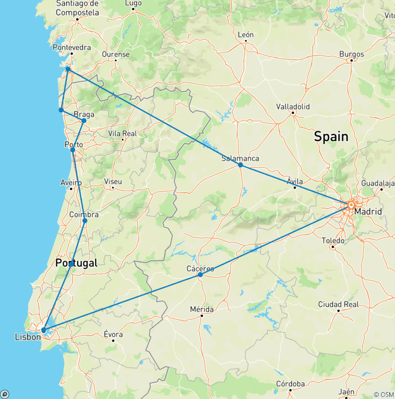 Map of Castilla, Galicia  & Portugal, 7 days