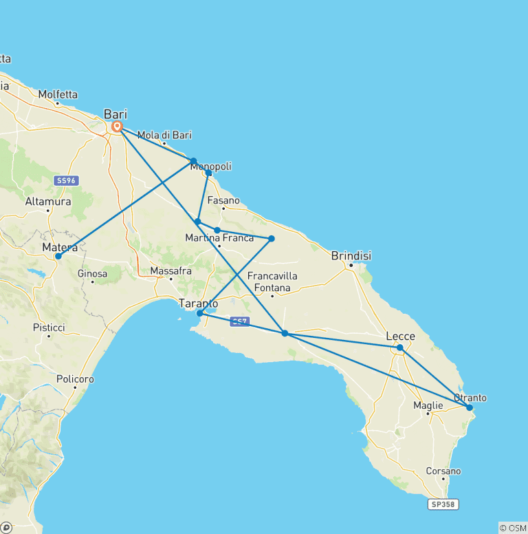 Map of Puglia and Basilicata: Private Journey Through Apulia’s History, Flavors, and Relaxation.