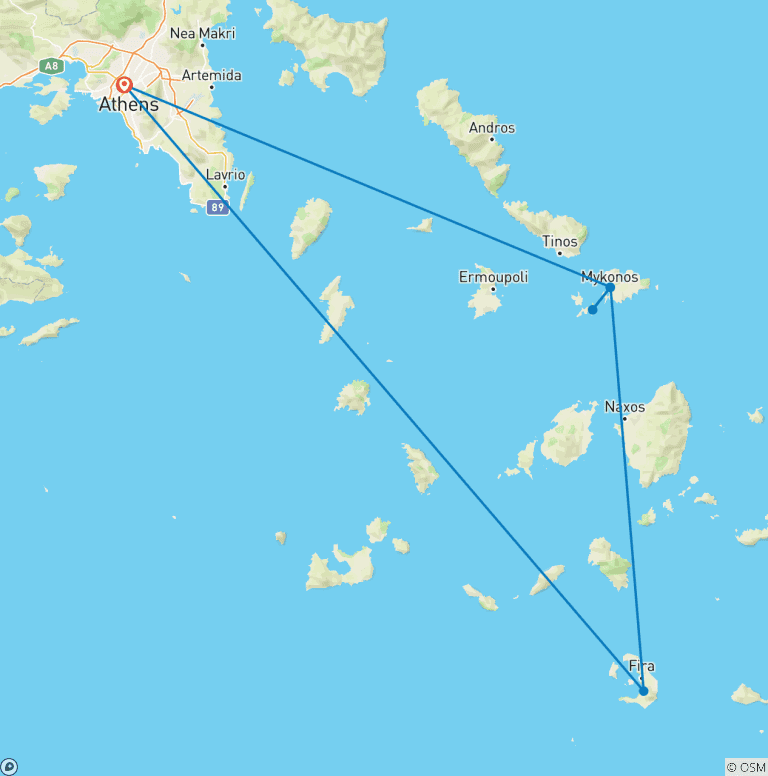 Map of Mykonos, Santorini & Athens Experience - Premium SemiPrivate Tour