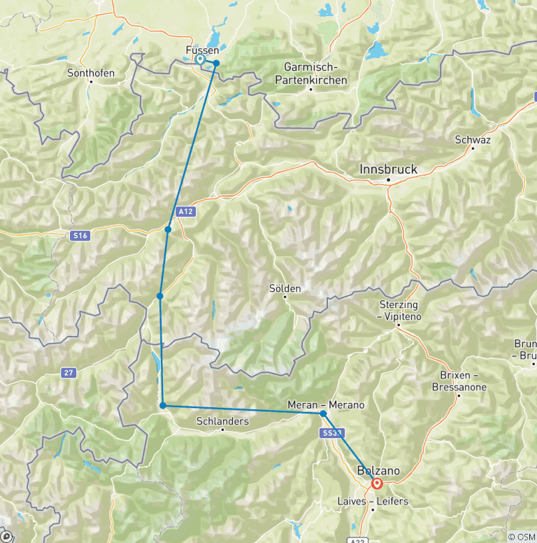 Map of Via Claudia Augusta - Crossing the Alps From Füssen to Bolzano 6 Days