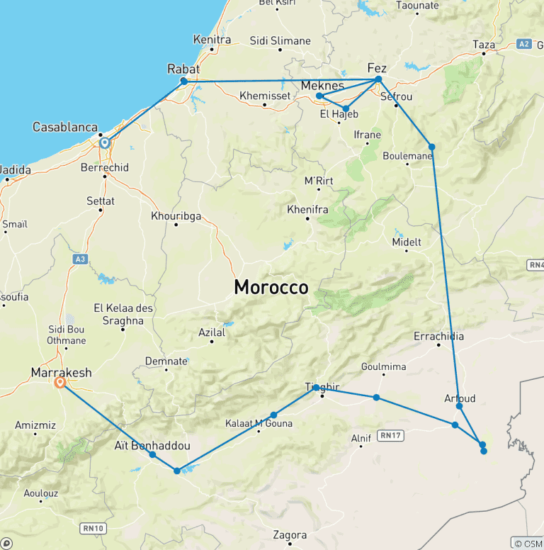Map of Hiking Morocco's Highlights - royal Cities, Deserts and green Valleys 15 Days