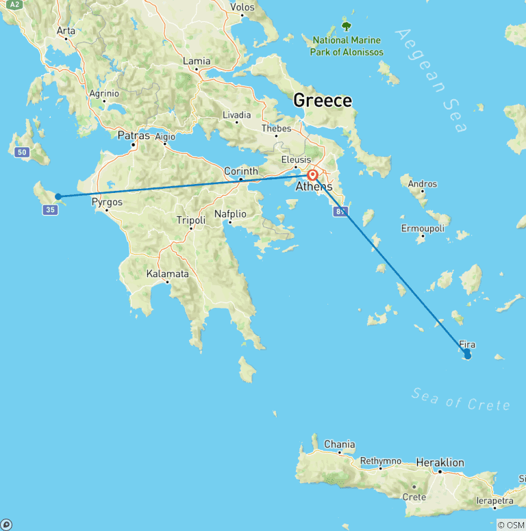 Map of Athens, Zakynthos & Santorini with 2 Guided Tours - Premium