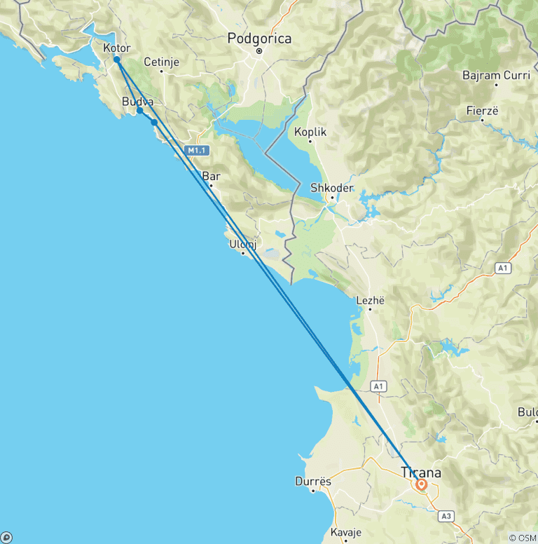 Map of Semi-Private Day Tour of Montenegro: Budva & Kotor from Tirana