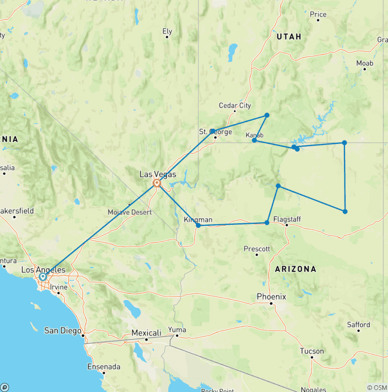 Map of Golden West Adventure - Los Angeles Downtown (ending in Las Vegas)