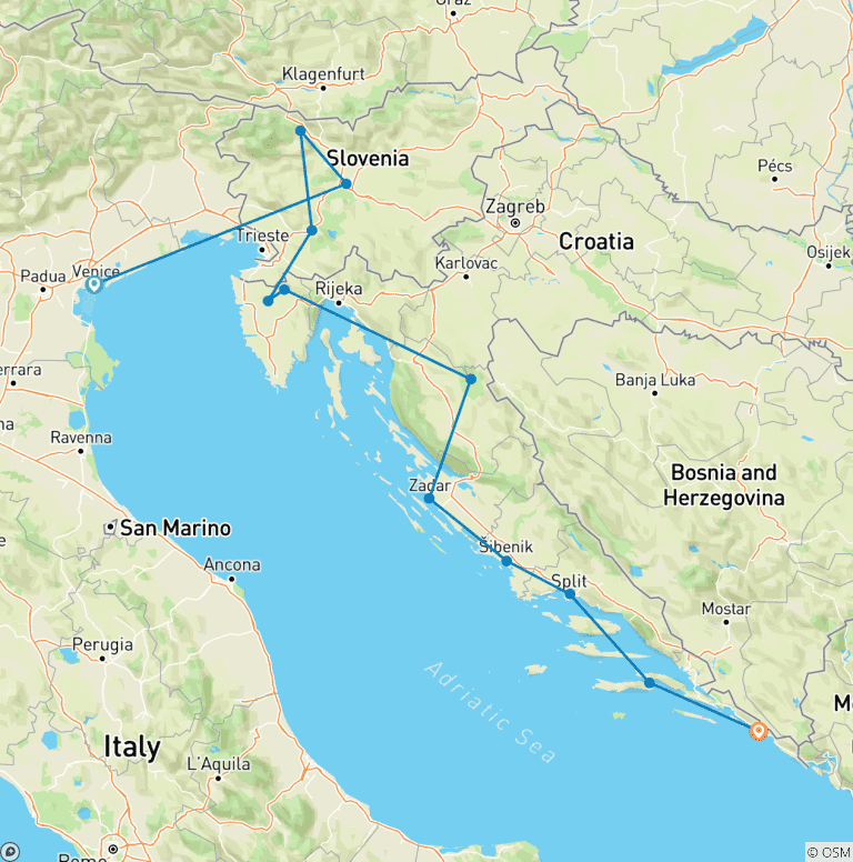Map of Premium Venice to Dubrovnik