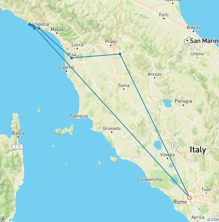 Map of Rome, Florence, Cinque Terre, Rome: signature (4* hotels) carbon neutral tour by train