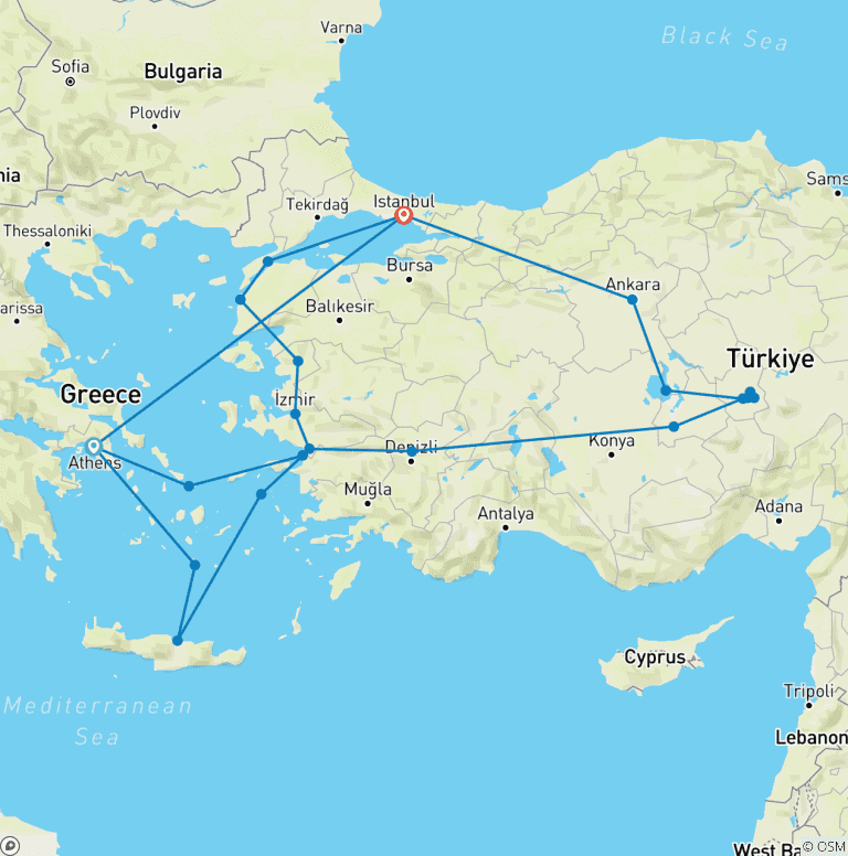 Map of Best of Greece and Turkey with 3-day Cruise (Small Group)