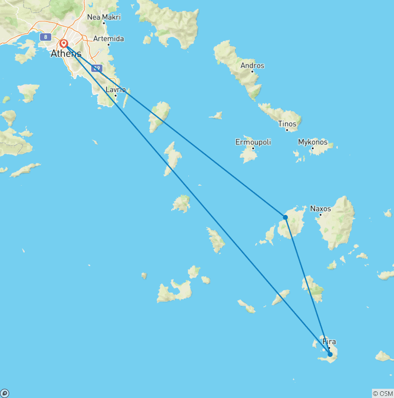Map of 3 Day Tour of Paros & Santorini from Athens: Experience Iconic Cycladic Architecture