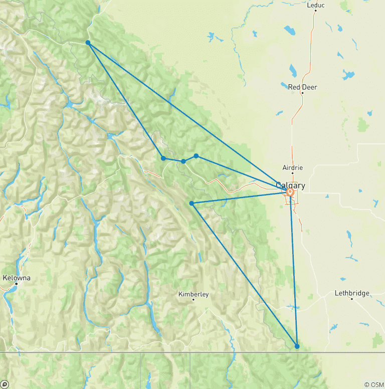 Map of 7-Day Rockies Adventure: Discover 5 Iconic National Parks in Canada – Banff, Jasper, Yoho, Kootenay & Waterton
