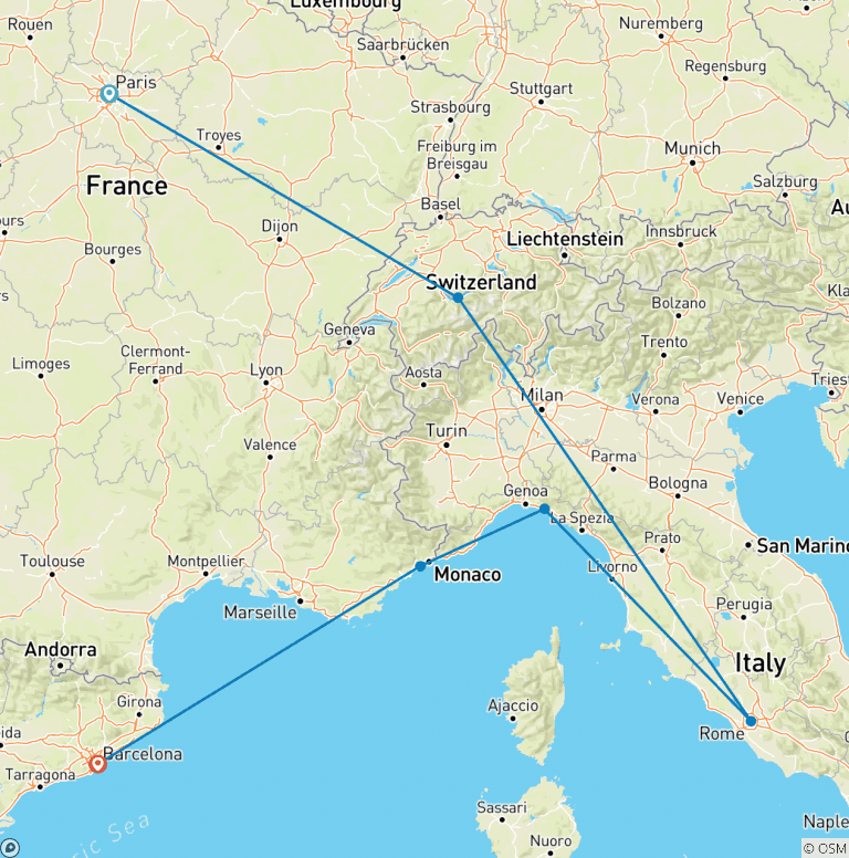 Map of Paris to Barcelona: Tapas & Train Rides
