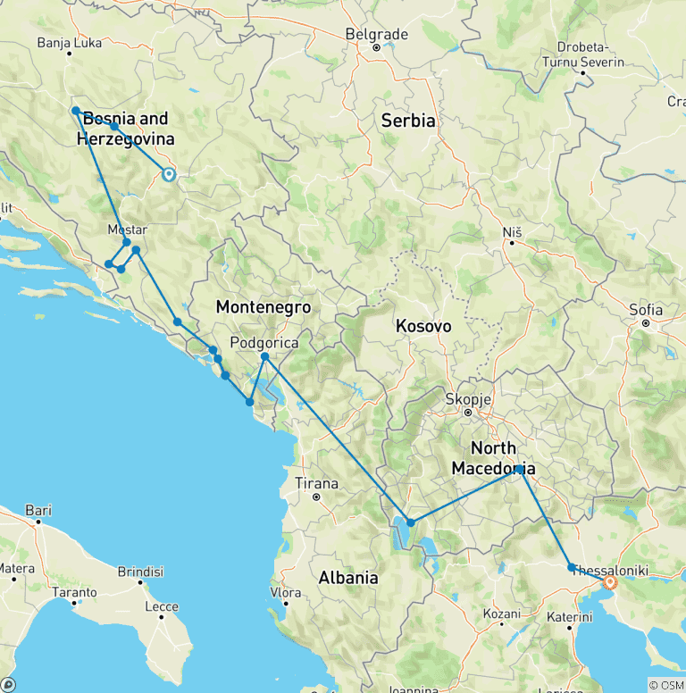 Map of Discover Bosnia Montenegro and Macedonia in a 14 days tour from Sarajevo. UNESCO sites. Nature. Culture. History. Cuisine. Wine. Slow travel.