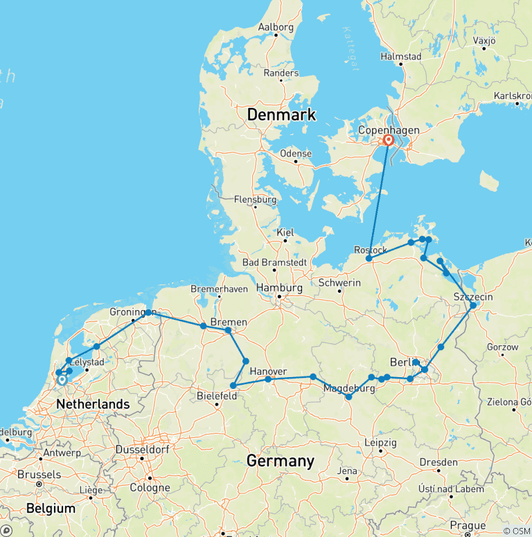Map of From Amsterdam to Copenhagen, explore the northern canals by cruising the Elbe, the Havel, the Oder and the Baltic sea (port-to-port cruise)