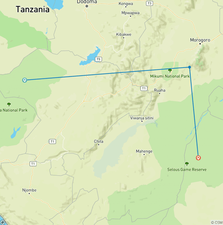Map of 6 Days Southern Tanzania Big 5 Safari