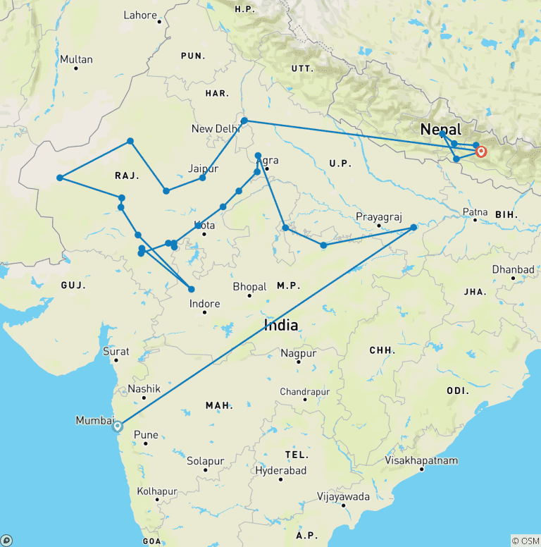 Map of Tour to India and Nepal