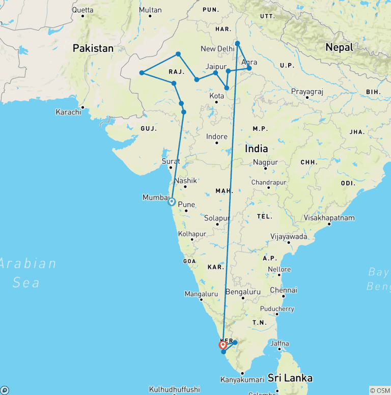 Map of North and South India Tour from Mumbai