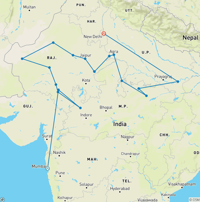Map of North India Tour with Varanasi