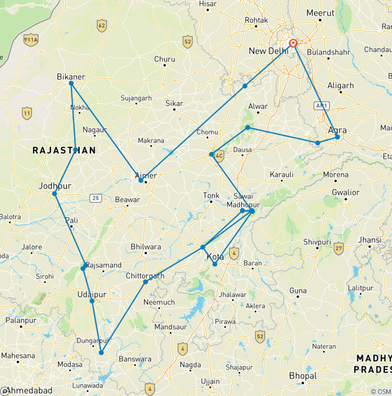 Map of Cultural North India Tour