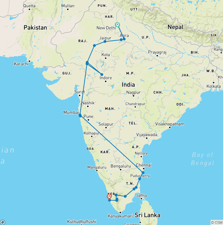 Map of Jewels of India Tour