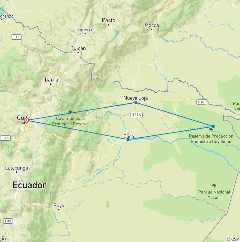 Map of Ecuador Cuyabeno Adventure 6 Days Tour