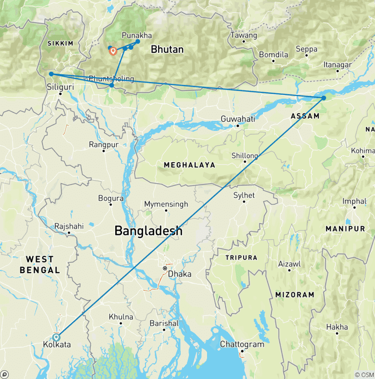Map of Northeast India with Bhutan