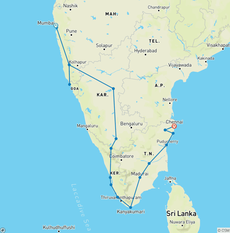 Map of Complete South India Tour