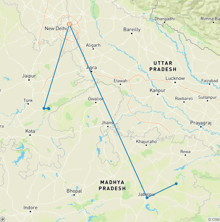 Map of India Tiger Safari Tour