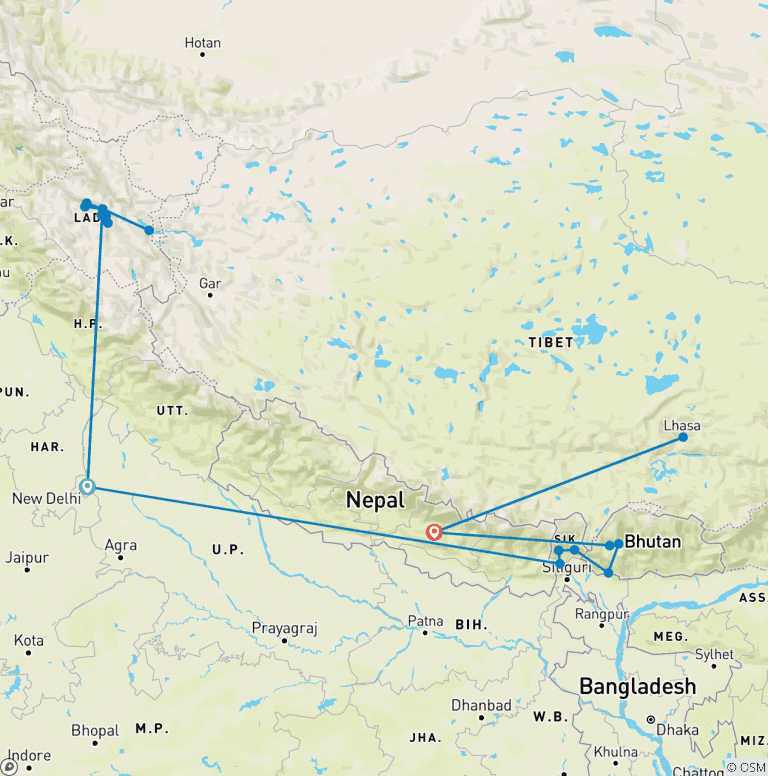 Map of India with Nepal and Bhutan Tour