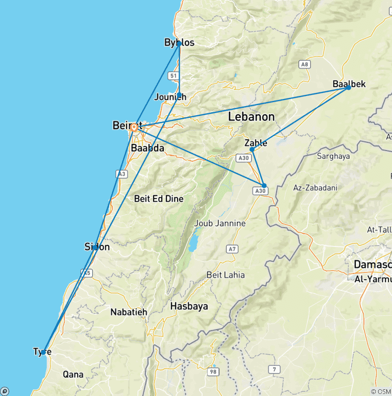 Map of Customized Private Lebanon Tour, Daily Departure and Exclusive Guide