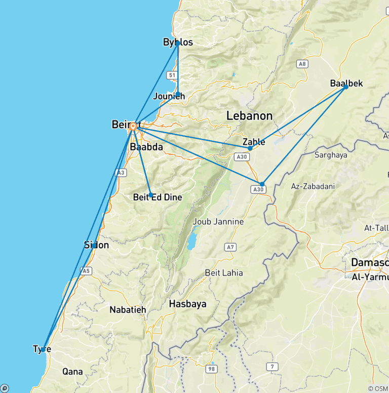 Map of Tailor-Made Lebanon Family Tour with Daily Departure & Private Guide