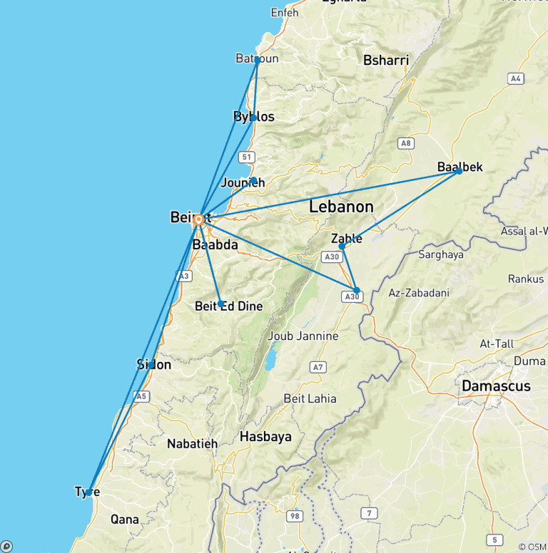 Map of Tailor-Made Lebanon Trip with Daily Departure (Private Guide and Driver)