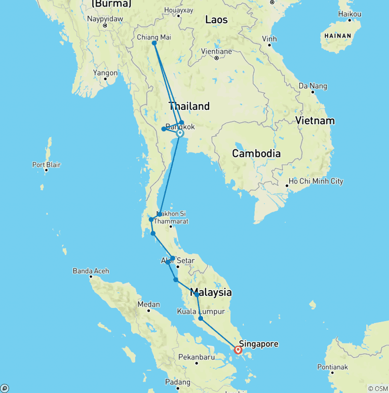 Map of Thailand, Malaysia and Singapore Escapade