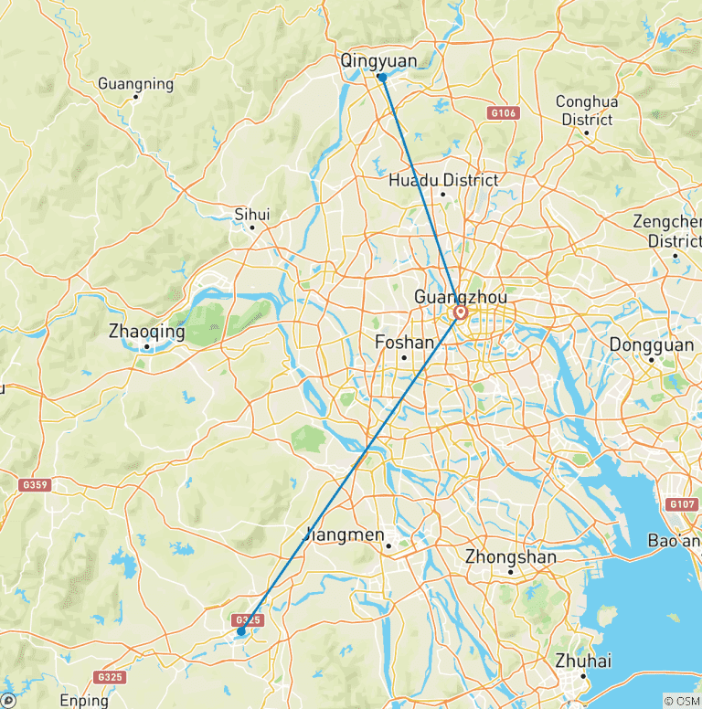 Map of Guangdong Classic Tour: Guangzhou, Kaiping, Gulong Canyon, Yingxi Corridor, Mt Danxia 6 Days