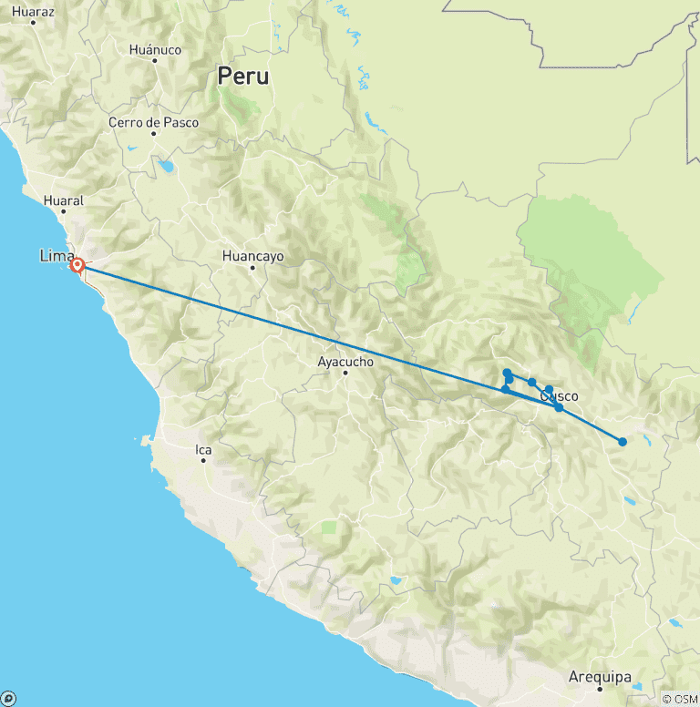 Map of Peruvian trekking (Salkantay trek, short inca trail, rainbow mountain)10 days