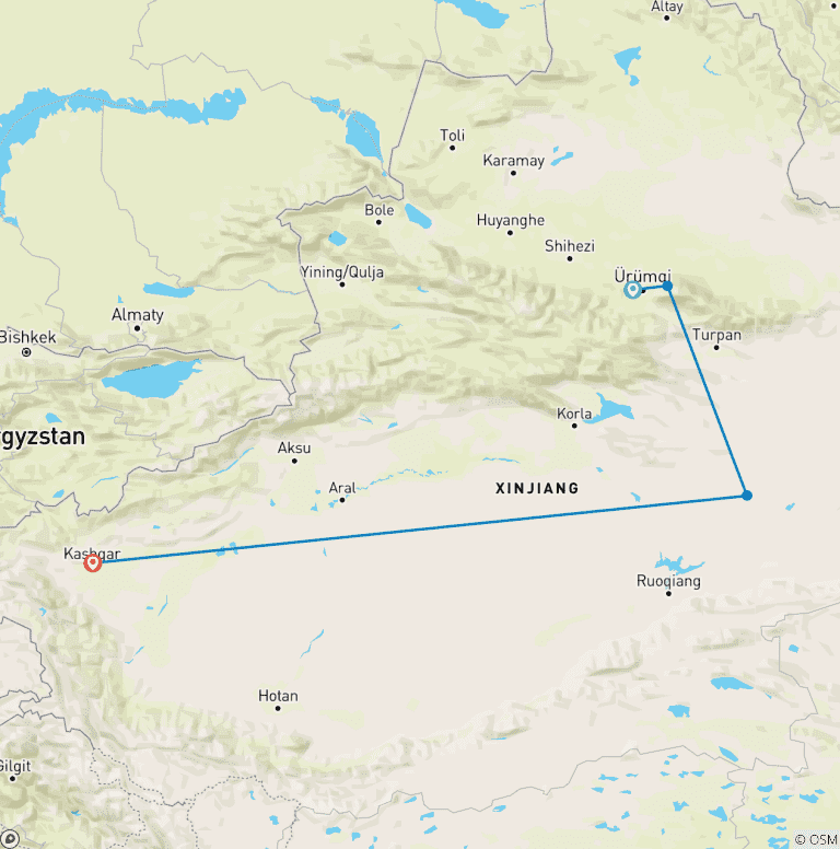 Map of Budget Tour: Urumqi, Tianchi, Turpan and Kashgar 7 Days in Xinjiang
