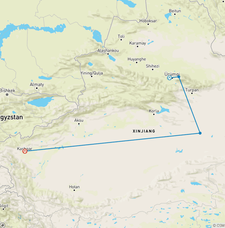 Map of Budget Tour: Urumqi, Tianchi, Turpan and Kashgar 7 Days in Xinjiang